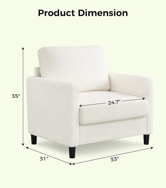 Welzona Sofa Accent Chair, 33" Reading Chair for Bedroom, Tool-Free Setup Living Room Accent Chairs, Comfy Arm Chairs Living Room, All-Wood Reading Nook, Cream White