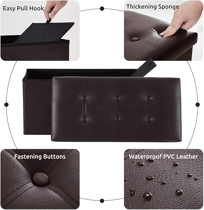 YOUDENOVA Folding Storage Ottoman, Faux Leather Ottoman Bench Footrest Ottoman, Storage Chest Padded Seat for Bedroom and Living Room, Brown, 15" D x 30" W x 15" H