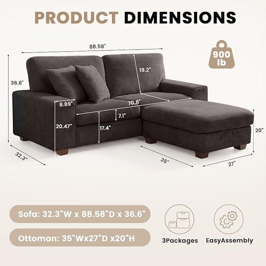 DOPEDIO L-Shaped Sectional Sofa with Storage Ottoman, Modern Chenille Recliner Loveseat, Removable Couch Covers, Pocket Spring Cushions, Solid Wood Frame, Easy to Install (88.58inch, Dark Grey)