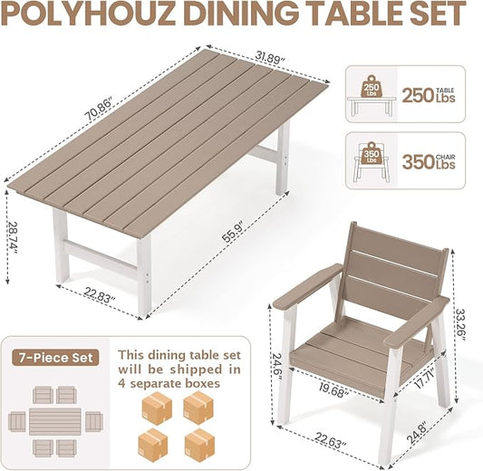 Outdoor Dining Set,7-Piece Patio Table and Chairs Set for 6, HDPE Outdoor Dining Table and Chairs with Umbrella Hole, All-Weather Patio Dining Furniture Set,White Brown