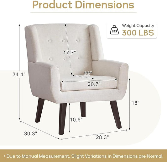 HUIMO Accent Chair for Living Room, Upholstered Button Tufted Armchair with Wooden Legs, Linen Fabric Sofa Chairs for Bedroom, Living Room, Mid-Century Modern Comfy Reading Chair (Beige)