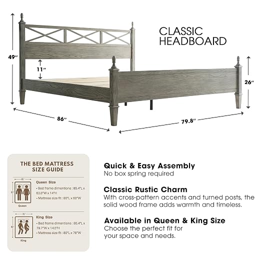 King Size Platform Bed Frame with Solid Wood Headboard & Footboard, 12 Heavy-Duty Slatted, Metal Legs, Anti-Slip & Noise-Free, Easy Assembly, No Box Spring Needed, Weathered Gray Oak Finish RIK-34
