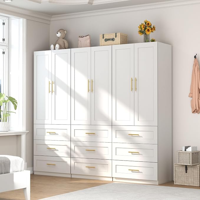 White Wardrobe with 6 Doors: 75" Tall Armoire Wardrobe Closet with 9 Drawers, Bedroom Closet Cabinet for Hanging Clothes, Wooden Storage Armoire with Shelves (Modern, 3)