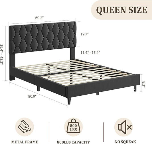 GAOMON Grey Queen Bed Frame with Upholstered Headboard, Heavy-Duty Platform Bed Frame with Strong Wood Slats, No Box Spring Needed/Easy Assembly/Noise Free