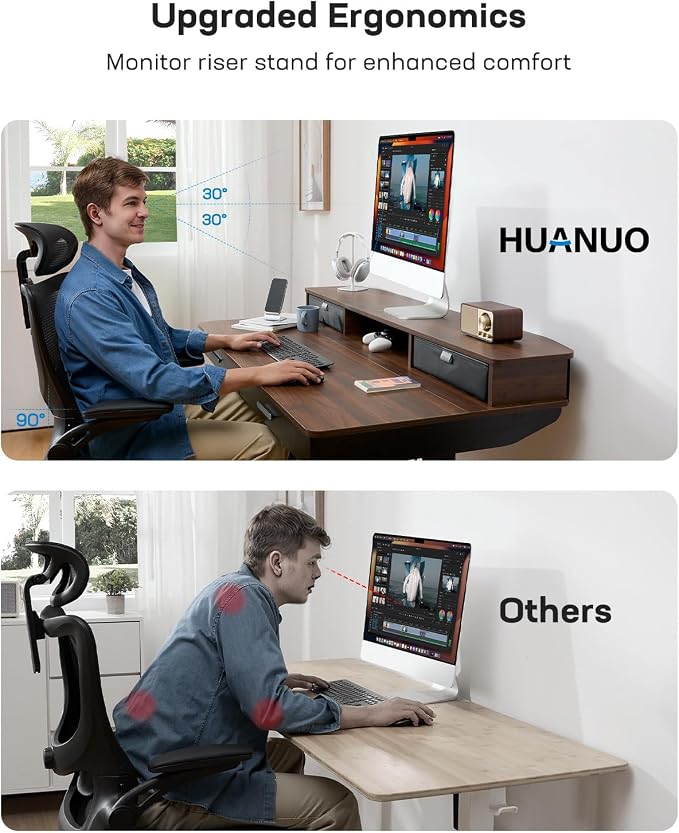 HUANUO 55 x 30 inch Electric Standing Desk with 2 Wood Drawers, Adjustable Height Sit Stand Desk for Home Office, Ergonomic Stand up Desk with 4 Memory Presets, 176 lbs Capacity, Walnut Top