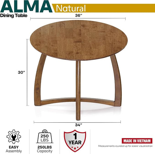 Acacia Alma 36 Inches Round Dining Table for 4, Solid Rubber Wood, Mid-Century Modern Kitchen & Dining Room Tables, Space-Saving for Living Room, Wooden Waterproof Thickened Tabletop, Natural