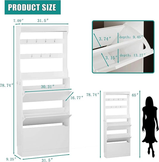 Shoe Cabinet for Entryway with 3 Flip Drawers, White Tall Wood Shoe Storage Cabinet with Coat Rack, Narrow Hidden Slim Freestanding Shoe Rack Organizer, 2 in 1 Hall Tree for Living Room, Hallway
