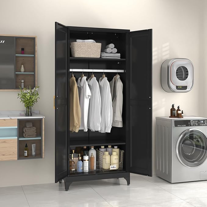 SteeLoong Metal Wardrobe Cabinet with Hanging Rod, 71" Tall Armoire Wardrobe Closet with 2 Doors and Adjustable Shelves, Black Clothing Storage Cabinets for Bedroom, Laundry Room, Cloak Room