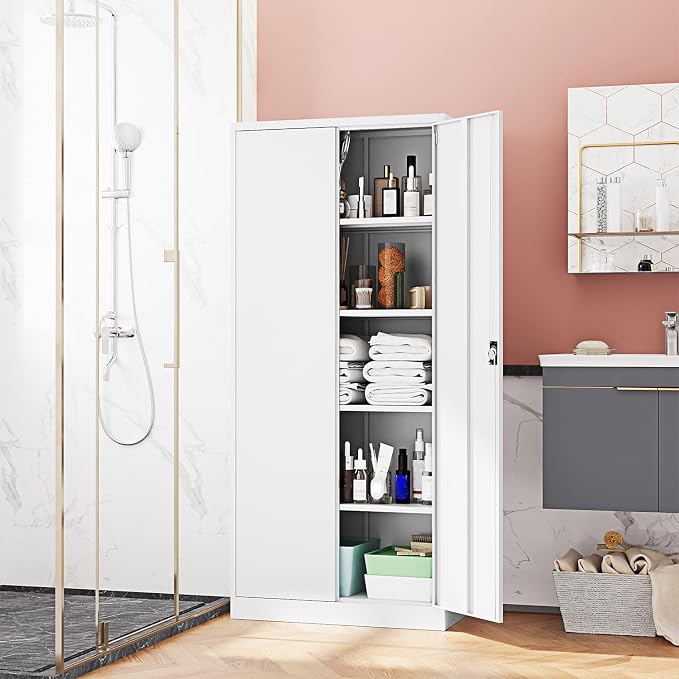 Fesbos Metal Storage Cabinet-72” Tall Steel File Cabinets with Lockable Doors and Adjustable Shelves-White Steel Storage Cabinet for Kitchen, Office, Garage