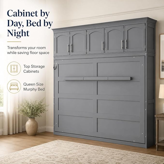 Queen Murphy Bed Cabinet, Wall Bed with Storage, Folding Cabinet Bed with Dual Piston Metal Mechanism, Murphy Cabinet Space Saving Bed for Guest Room, Home Office, Apartment(Gray 2)