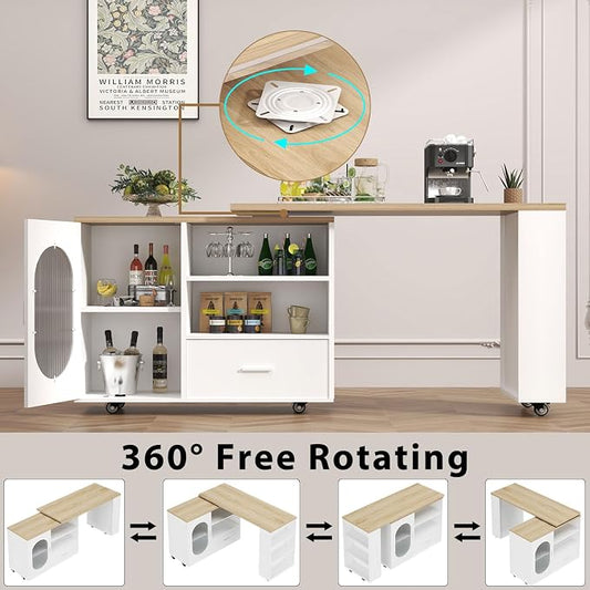 HSH 72.4” Rolling Kitchen Island with Swivel Table, Storage Cabinet, Drawers & Shelves, White Modern Mobile Island Cart on Wheels, Farmhouse Wood Island Table for Kitchen, Dining Room, Home Bar