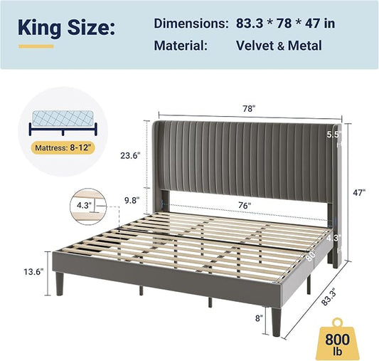 Allewie King Size Velvet Bed Frame/Vertical Channel Tufted Wingback Headboard/Upholstered Platform Bed/No Box Spring Needed/Strong Wooden Slats/Easy Assembly/Grey