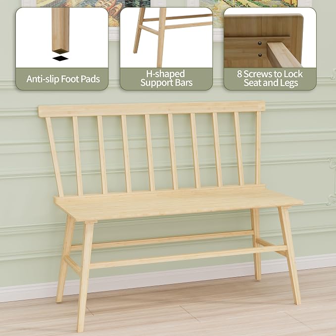 APRTAT Bamboo Entryway Bench, Dining Bench with Spindle Back (Natural) | Natural Bamboo & H-Shaped Support, Spindle Back, Ideal for entryways, bedrooms, outdoor settings, Easy Assembly & Clean