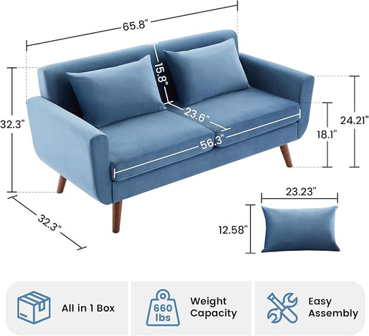 Tbfit 65" W Loveseat Sofa, Velvet Mid Century Modern Love Seat Couches for Living Room, Button Tufted Upholstered Small Couch for Bedroom, Solid and Easy to Install Love Seats Furniture, Blue | linen fabric