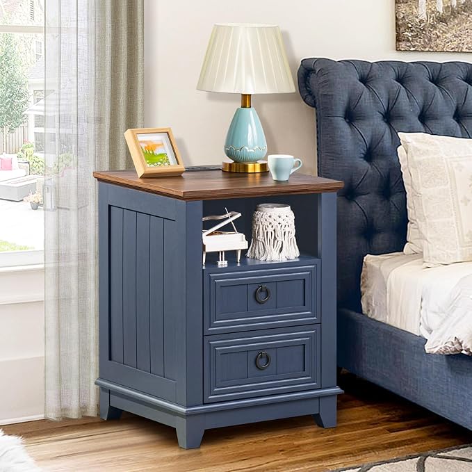 Joaxswe 18" Farmhouse Night Stand with Charging Station, 2 Drawers End Table Dresser for Bedroom, Blue Wooden Nightstand, Bed Side Table with Open Shelf, Bedside Cabinet for Living Room, Closet