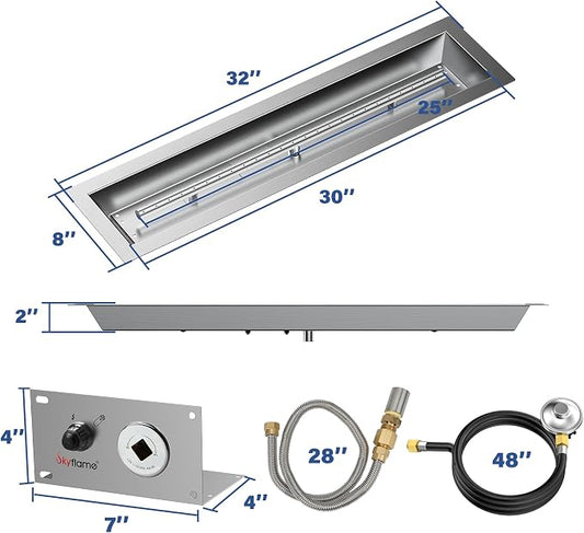 Skyflame 30 x 6 Inch Liner Fire Pit Pan Kit, Stainless Steel Drop-in Fire Pit Pan and Burner, Come with Spark Ignition and Propane Hose, Indoor/Outdoor Fire Table DIY Decorative