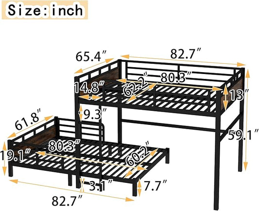 Queen Over Queen Metal Bunk Bed, Heavy Duty Convertible Bunk Bed Frame with Headboard & Full Guardrails, Can Be Split into Two Platform Beds or Loft Bed, Vintage