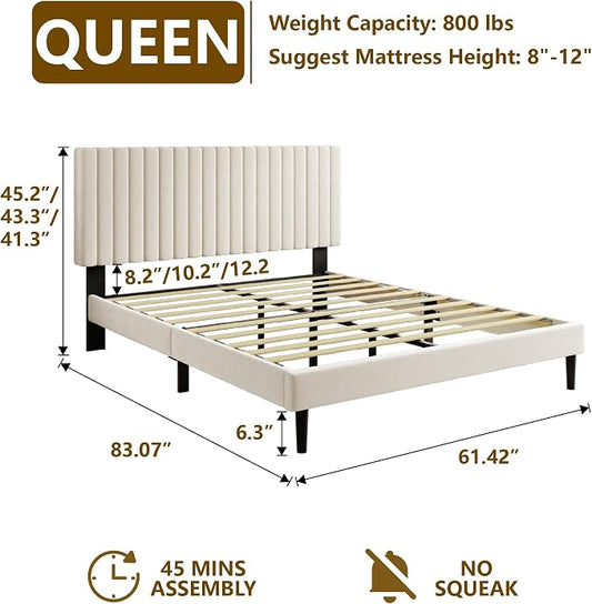 Sismplly Queen Size Bed Frame with Velvet Upholstered Headboard, Platform Bed with Strong Wood Slats, Mattress Foundation, Box Spring Optional, Easy Assembly, Beige