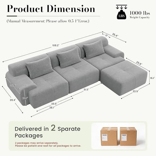 GRUSIGN 108'' Modular Sectional Boneless Couch, Tufted Cloud Sectional Couches for Living Room, L Shape Deep Seat Sofa with Ottoman & 3 Throw Pillows,Corduroy Oversized Couch,Light Grey