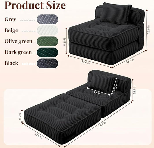Folding Sofa Bed, Convertible Sleeper Chair with Pillow Foldable Mattress with Back Support, Portable Fold Out Chair Bed Comfy Floor Couch Lounge for Living Room Bedroom Apartment Single