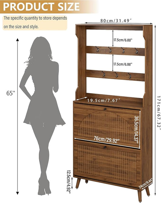 Fsbecl Shoe Cabinet for Entryway with 2 Flip Drawers & Coat Rack, Narrow Hidden Shoe Storage Cabinet with Fluted Panel, 2-in-1 Hall Tree Slim Freestanding Shoe Rack Organizer for Hallway, Walnut