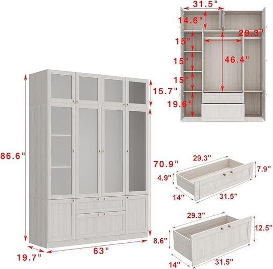 MOUMON Wide Modern Bedroom Armoires with Frosted Glass Doors and Hanging Rod, Tall Wardrobe with Drawers, Large Armoire Wardrobe Closet, Wood Grain 63" W x 19.7" D x 86.6" H