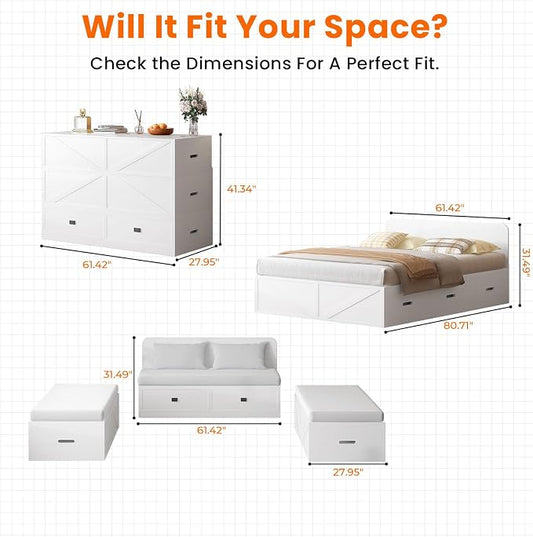 CECER 3-in-1 Queen Murphy Bed with Mattress for Small Space -White | Multi-Functional Desgin that Converts to Sofa Set,Bed and Cabinet,Easy Assemble & Conversion