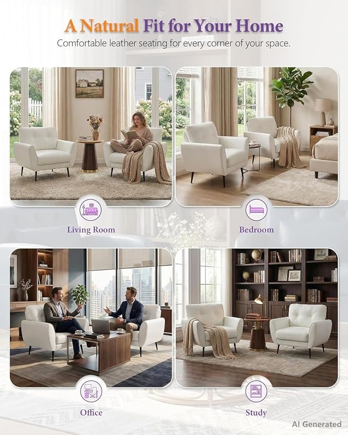 TYBOATLE Accent Chairs Set of 2, Comfy Modern Living Room Chair White Faux Leather Reading Accent Chairs Tufted Mid Century Arm Chair Small Salon Chairs for Office Bedroom (2, White)