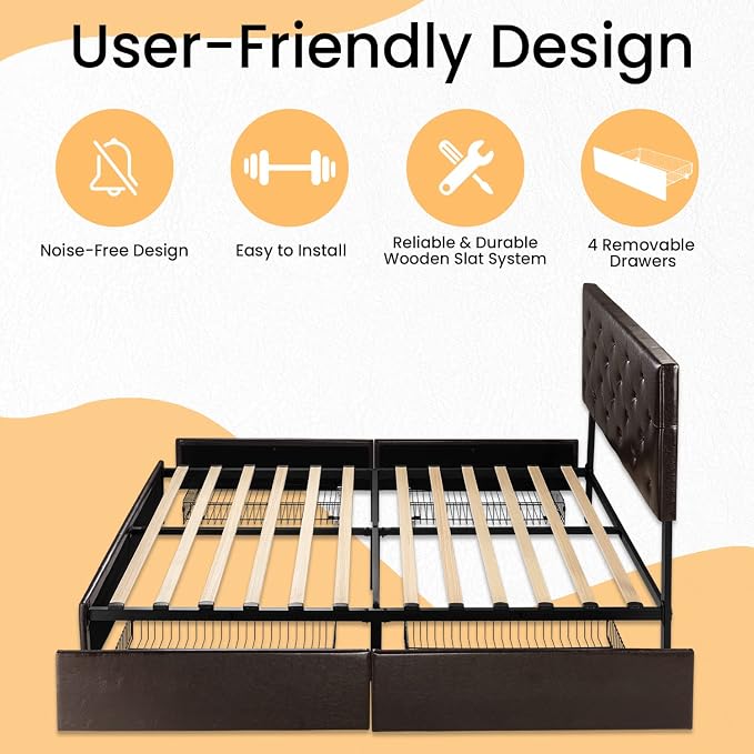 SHA CERLIN Upholstered Full Size Platform Bed Frame with 4 Storage Drawers, Adjustable Headboard with Diamond Stitched Button Tufted Design, Wooden Slat Support, No Box Spring Needed, Black Brown