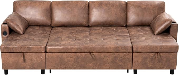 110 inches Suede Leather Sleeper Sofa w/Pull Out Bed, U-Shape Sectional Sofa Bed w/Adjustable Backrest and Storage Chaises, 4-Seats Upholstered Sofa Bed w/USB Port for Living Room, Brown