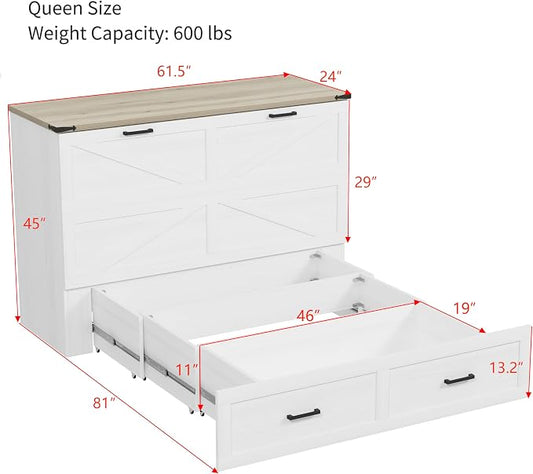Merax Modern Farmhouse Solid Wood Murphy Cabinet Bed with Charging Station, Foldable Wall Platform Bed with Storage Drawer/No Box Spring Needed/Easy Assemble/Queen, White