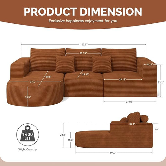 Boneless Couches for Living Room,Cloud Sectional Couch with L-Shape Chaise,Modern Modular Sofa with Deep Seat Upholstered Comfy Couches for Bedroom,No Assembly Required,1PCS