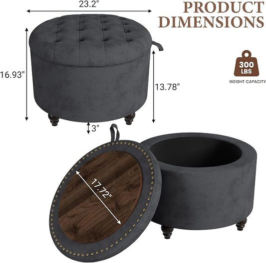 24 Inch Round Storage Ottoman,Modern Tufted Ottomans,Circular Coffee Table with Removable Top,Upholstered Large Ottoman with Storage Footrest Stool for Bedroom Living Room (Darkgrey)