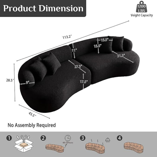 113" Curved Sectional Sofa Modern Cream Cloud Couch Modular Sectional Couches for Living Room Boneless Cloud Sofa Boucle Loveseat Comfy Chenille Deep Seat with 4 Pillows, Black