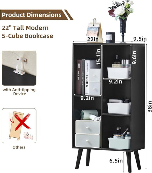 LEYAOYAO 5 Cube Bookshelf 3-Tier Bookcase with Legs,Mint Black Kids Book Shelf Cute Storage Organizer,Free Standing Open Toy Shelves Wood Bookshelves,Display Bookcases for Bedroom,Living Room,Nursery