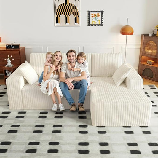Cloud Boneless Sectional Cream Couches with Oversized Chaise for Living Room, Modular L Shaped Couch with Deep Seat, Memory Foam Compressed 3 Seater Sofa for Apartment