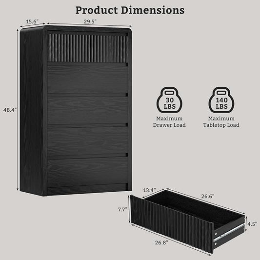 LYNSOM 5 Drawer Dresser for Bedroom, 48" Tall Fluted Dresser with Curved Corners, Wood Dressers & Chests of Drawers with Dual-Panel Design for Bedroom, Entryway, Black