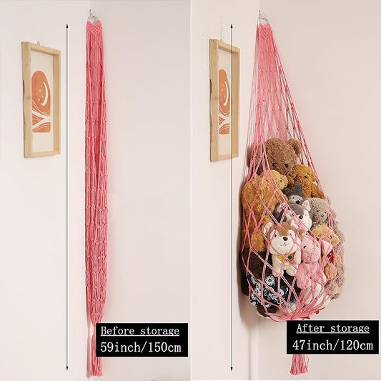 Amdermi Stuffed Animal Net or Hammock Corner Hanging Net for Stuffy Animal Storage Macrame Toy Display Plush Toy Holder Wall Pet Net for Nursery Kid Bedroom Decor Playroom Organizer (Pink)