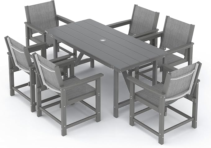 7 Piece HDPE Patio Dining Set, All-Weather Outdoor Table and Chair Sets with Umbrella Hole Outdoor Dining Table Sets of 6 Textilene Fabric Patio Chairs for Backyard, Poolside, Garden, Deck(Gray)