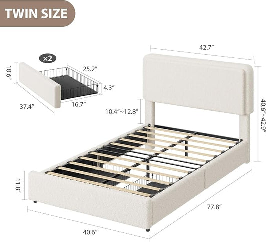 Garvee Twin Size Bed Frame with 2 Storage Drawers and Upholstered Headboard