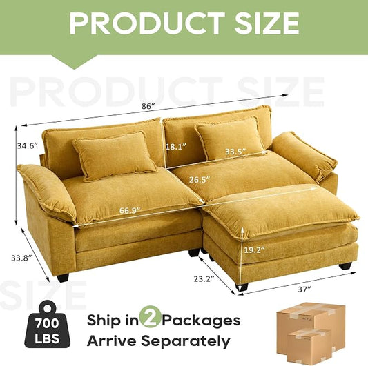 Oprisen 86" Modular Sectional Sofa, Comfy Cloud Couch Sectional Sofa with Ottoman, Chenille Sofa Sleeper Deep Seat Sofa with Throw Pillows for Living Room (Yellow, 86"- L Shape)