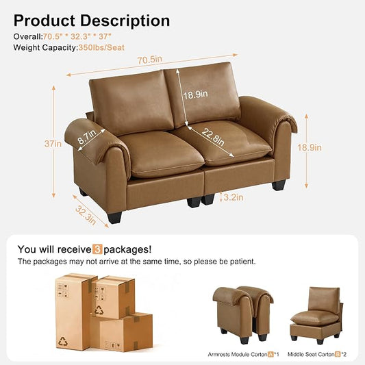70.5" Faux Leather Modular Sectional Loveseat Sofa, Oversized 2 Seater Upholstered Couch with Curved Armrests, Cloud Modern Deep Seat Love Seat Sofa for Living Room, Light Brown