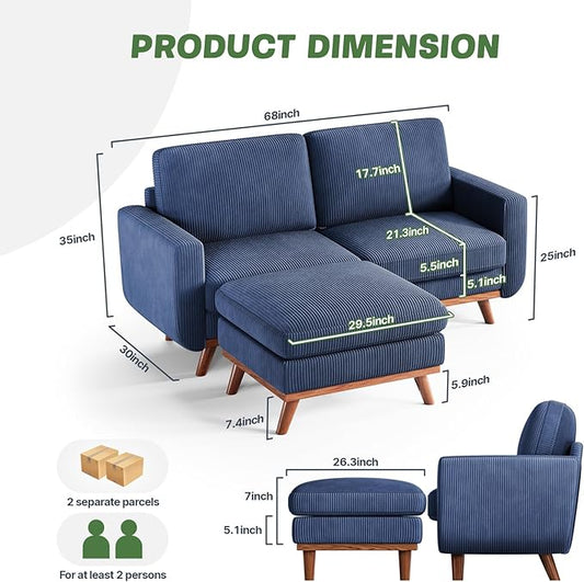 Vesgantti 68" Loveseat Sofa with Movable Ottoman, Comfy Corduroy Couch with Spring Cushion, Sofa Couch with Solid Wood, Modern Office Sofa with Deep Seat for Living Room and Bedroom, Dark Blue