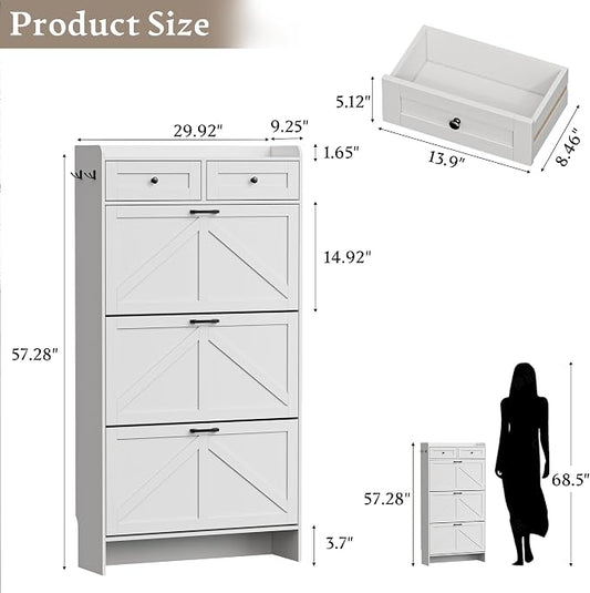 BORNOON Shoe Storage Cabinet for Entryway, Farmhouse Narrow Shoe Cabinet with 3 Flip Drawers & 2 Top Drawers, Adjustable Shelves & Hooks, Freestanding Hidden Rack Organizer for Hallway, Foyer