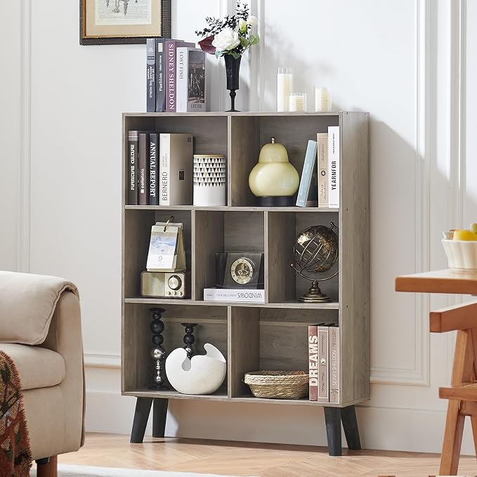 LEYAOYAO Cube Bookshelf 3 Tier Mid-Century Retro Grey Modern Bookcase with Legs,Retro Wood Bookshelves Storage Organizer Shelf,Freestanding Open Book Shelves for Bedroom,Living Room,Office