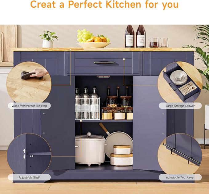 ONBRILL Stationary Kitchen Islands Include 2 Chairs, 47" Kitchen Island with Drop Leaf, Home Bar Table with Spice Rack & with Trash Cabinet, Island Table for Dining Room with Power Outlet, Blue