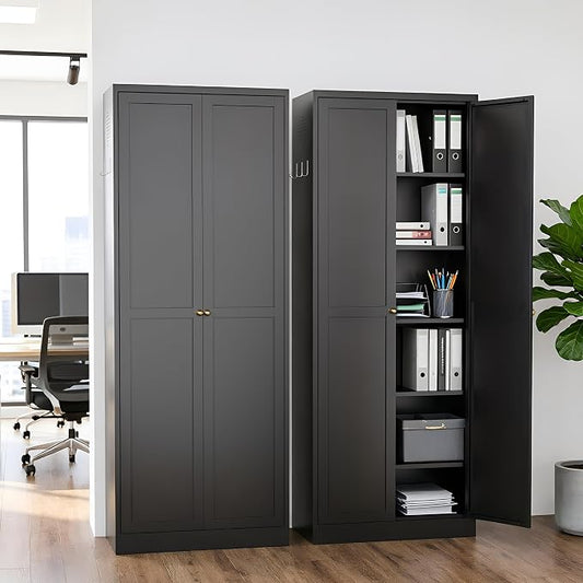 72" Metal Storage Cabinet, Large Capacity Pantry Cabinet with 6-Tier, Kitchen Storage Cabinet with 2 Doors and 5 Adjustable Shelves for Home, Kitchen, Dining, Living Room (Black)