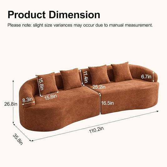 110.2" Curved Boneless Couch, Oversized Cloud Sofa with 4 Pillows, Modern 4 Seater Modular Sectional Sofa, Boneless Sectional Couches for Living Room, Curved Foam Couch, Orange