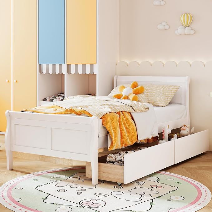 Giantex Twin Bed with 2 Storage Drawers, Wood Platform Bed with Headboard & Footboard, Wooden Slats Support Mattress Foundation, Twin Bed Frames for Kids Teens Adults, No Box Spring Needed (White)