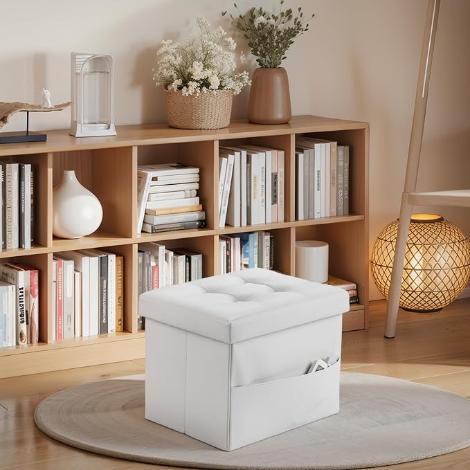 Bsketa Storage Ottoman Foot Rest Stool, Small Leather Storage Ottomans Bench, Folding Footstool with Side Pockets, Foot Rest Under Desk for Living Room Bedroom, 17x13x13 in, White